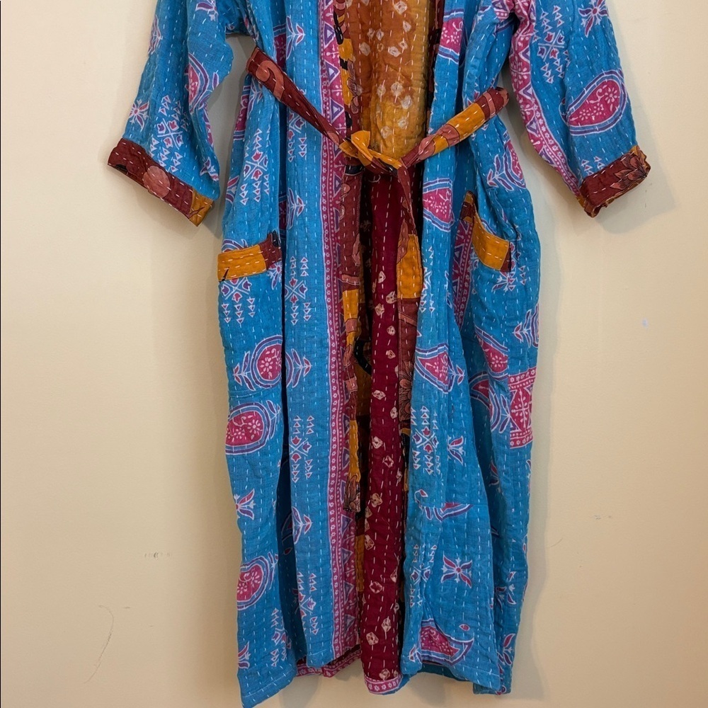 Handmade India Kantha Stitch Cotton Floral Contrast Tie Pockets Duster Cardigan - Picture 7 of 17